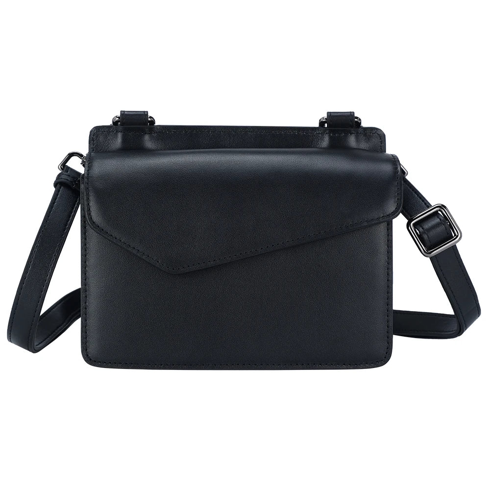 Black genuine cow leather designer crossbody bag with waterproof finish, envelope flap, and adjustable shoulder strap.