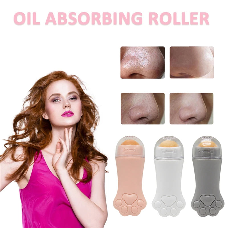 Three portable oil-absorbing rollers with volcanic stone heads and paw-shaped handles in pink, white, and gray.