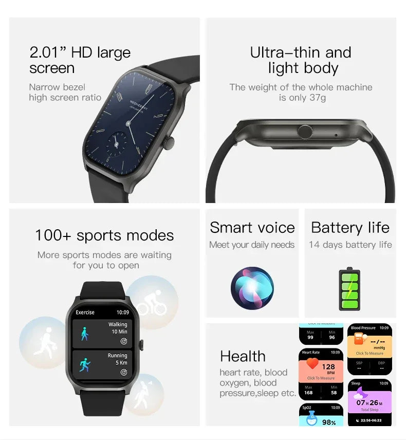 2.01 Waterproof Smart Watch for Men Women Fitness Tracker Sport Modes Heart Rate Monitor Calendar Activity Tracker for Android - Tidesmit