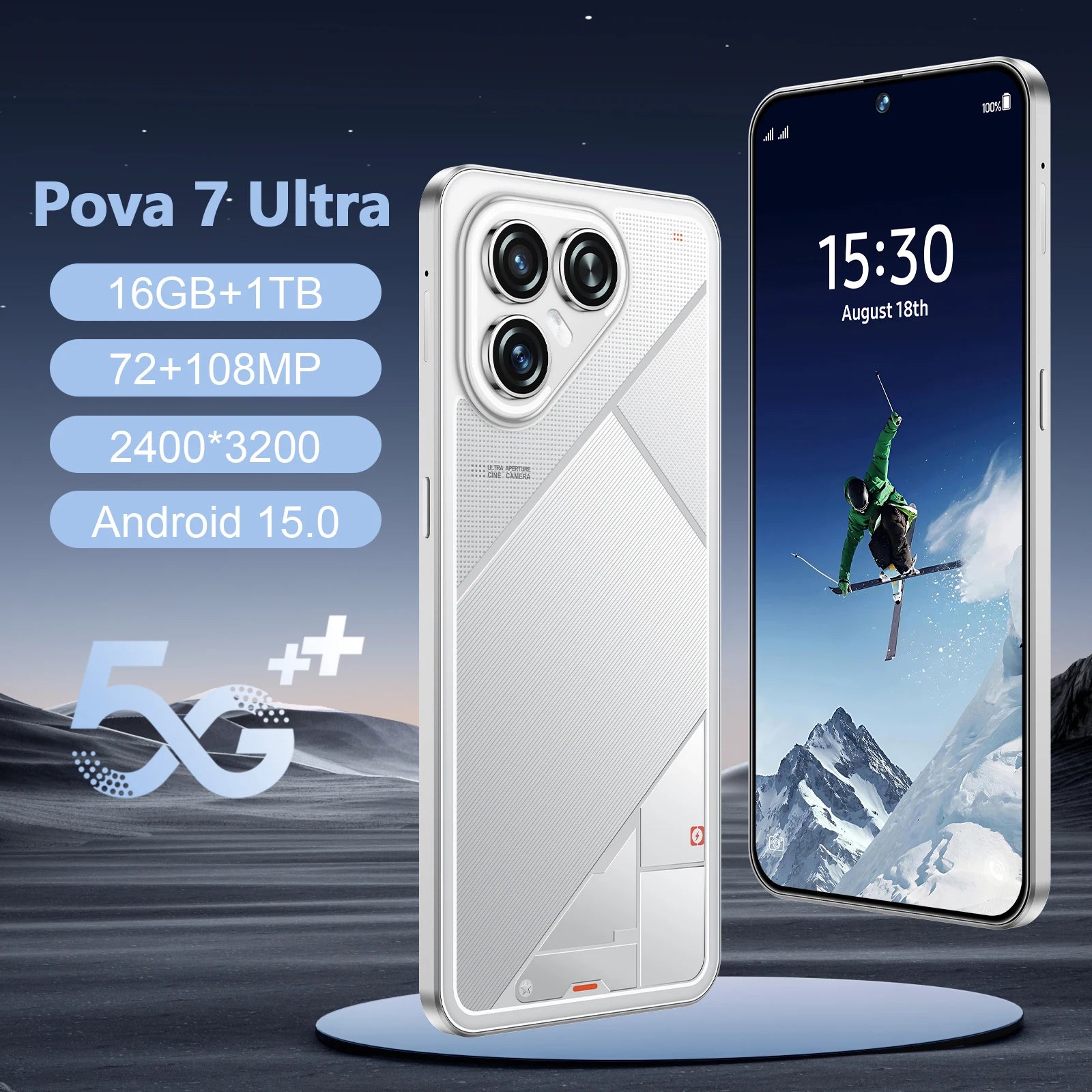 Tidesmit Pova7 Ultra 5G smartphone with 7.3 inch display 108MP camera 16GB RAM and 1TB storage in sleek design