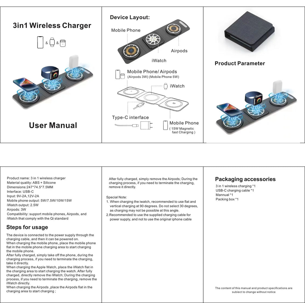 Multifunction Wireless Charger Mobile Phone & Accessories 3 in 1 Foldable 15w Fast Charging Wireless Charger Tidesmit