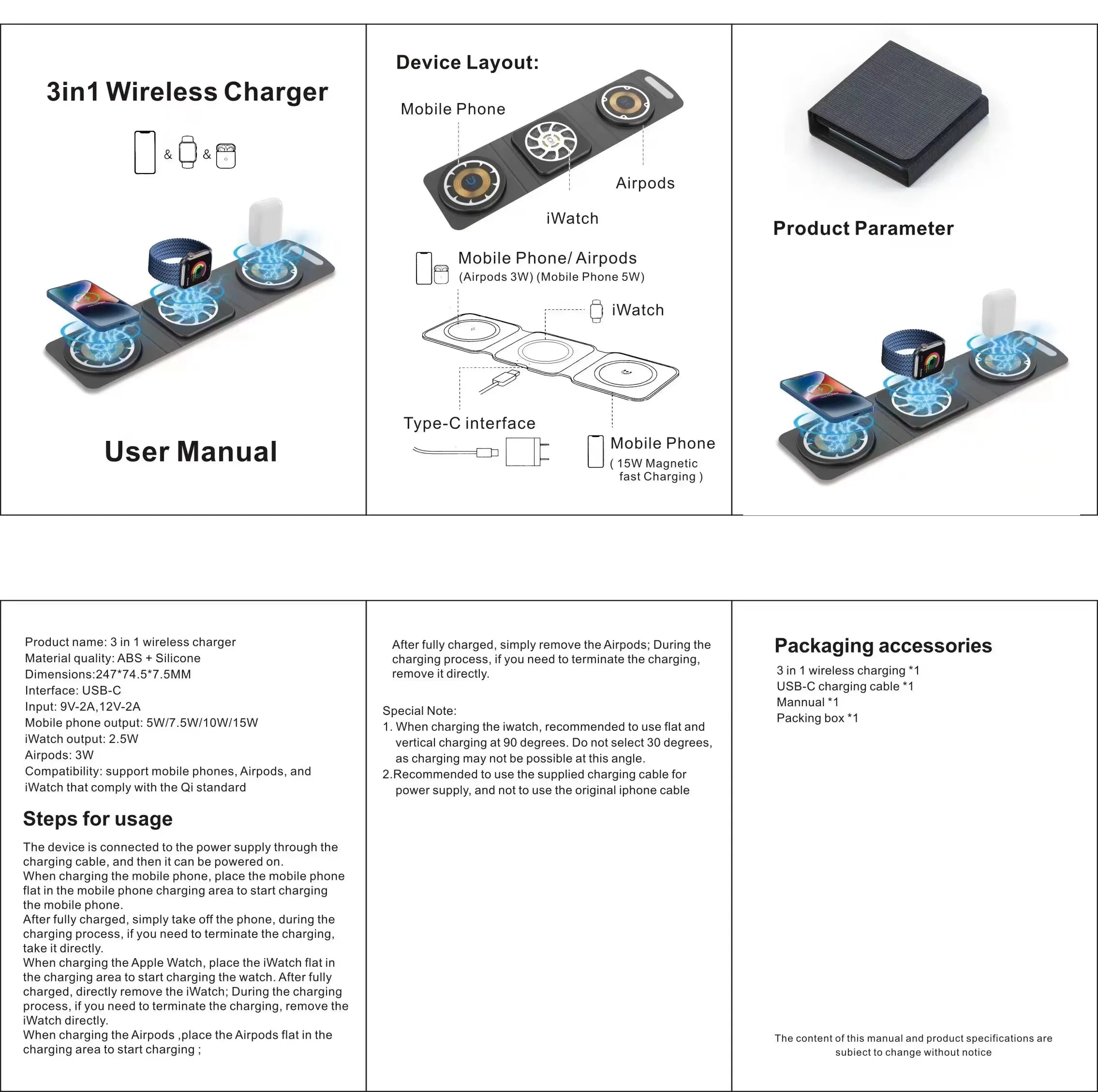 Multifunction Wireless Charger Mobile Phone & Accessories 3 in 1 Foldable 15w Fast Charging Wireless Charger Tidesmit