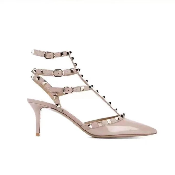 High-heel studded leather women's pumps, painted leather sexy women's sandals