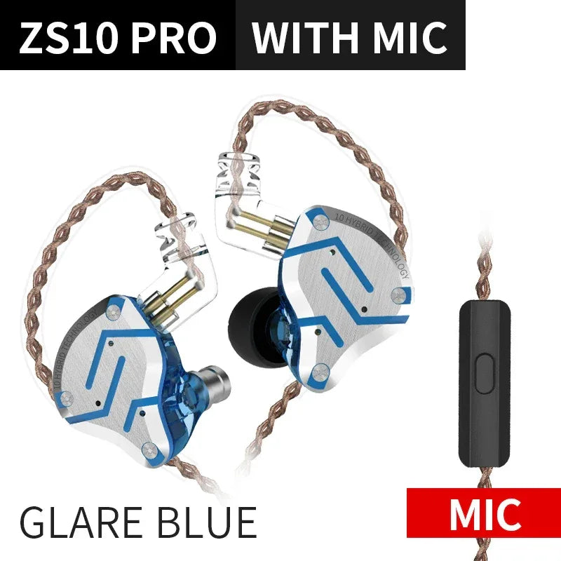 KZ ZS10 Pro 5-Driver Hybrid HiFi Wired Earbuds by Tidesmit ZS10ProGlareblueMIc Tidesmit