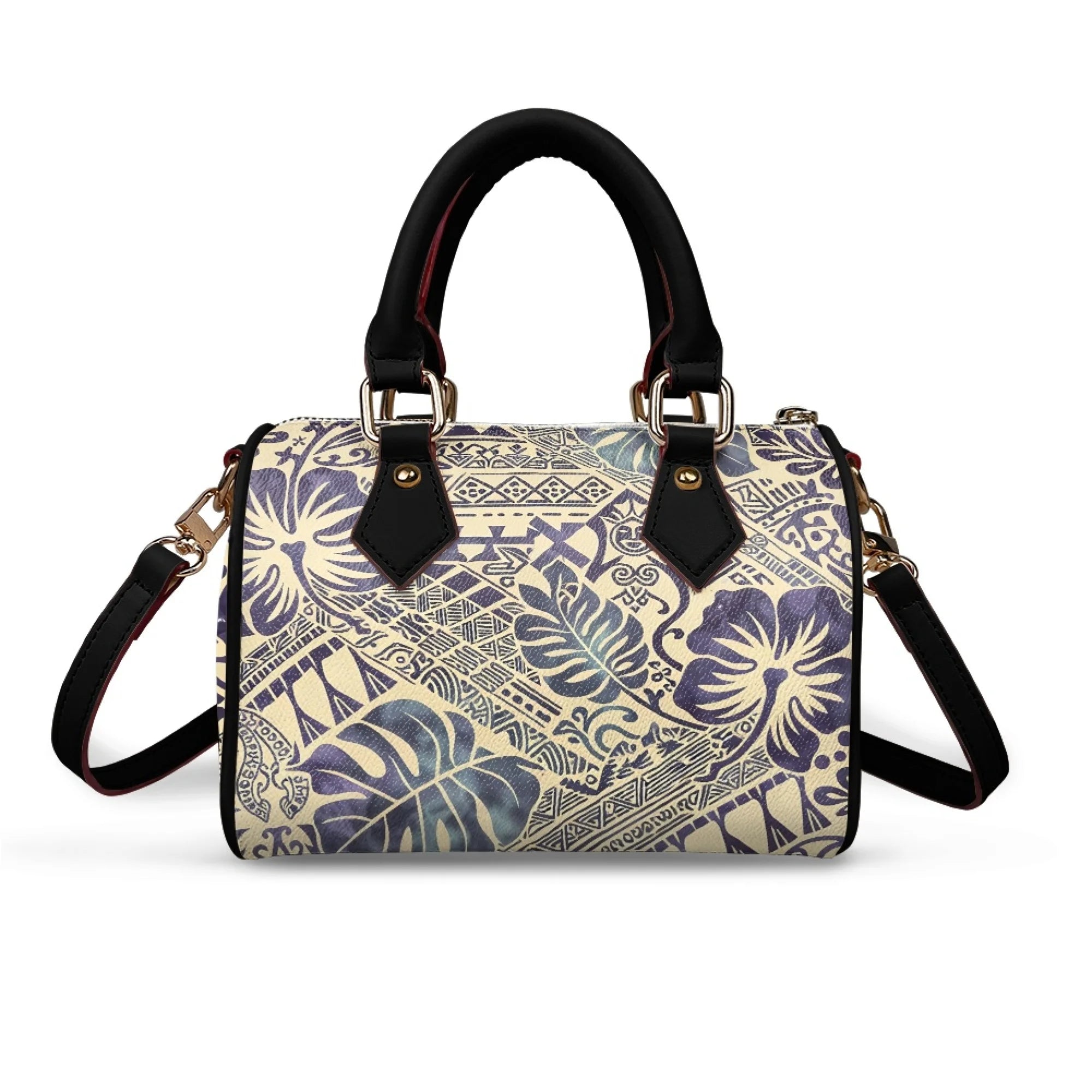 Cream and navy tribal print trunk handbag with black leather top handles and removable shoulder strap.