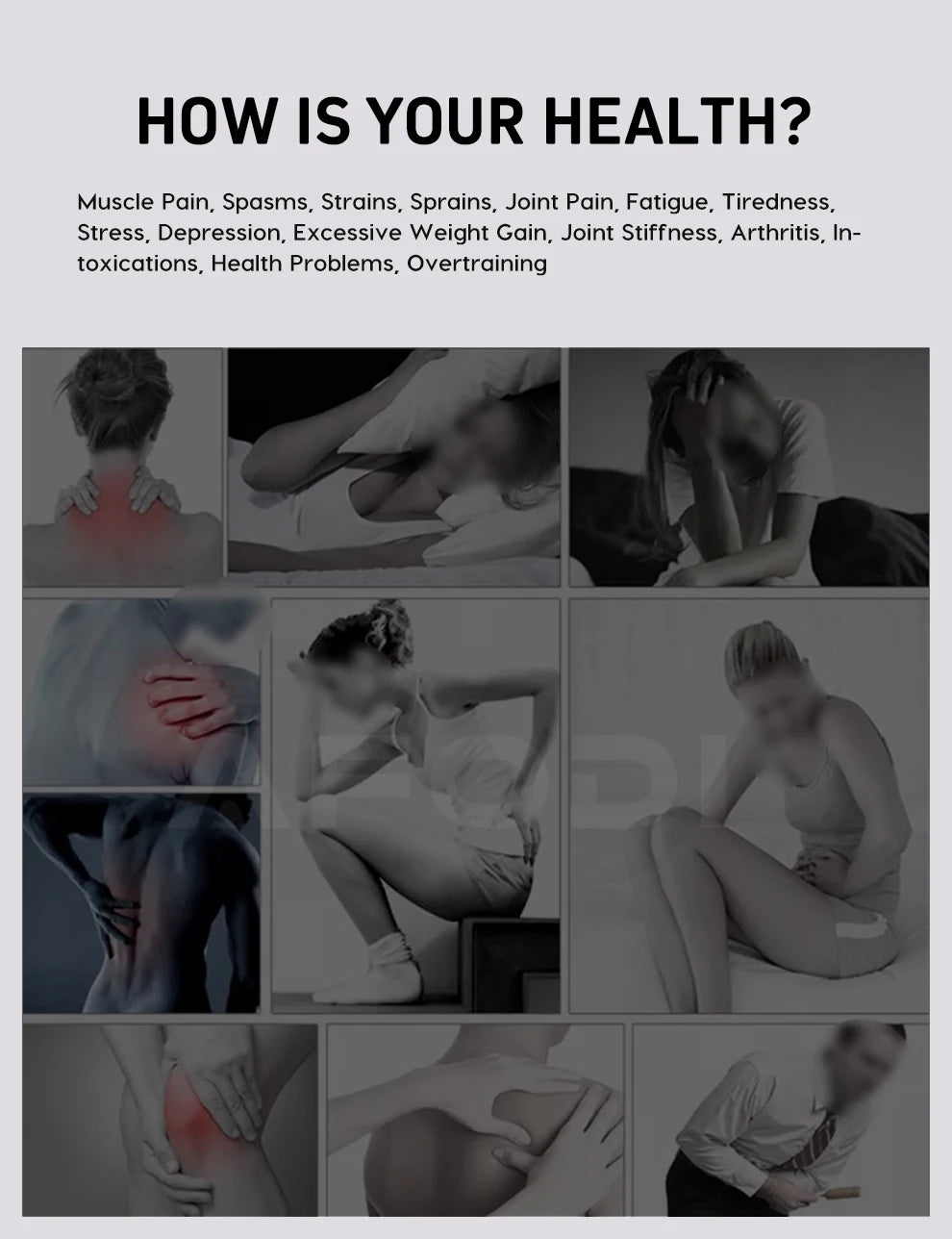 Collage of people showing physical discomfort, muscle pain, joint stiffness, and stress symptoms for health assessment.