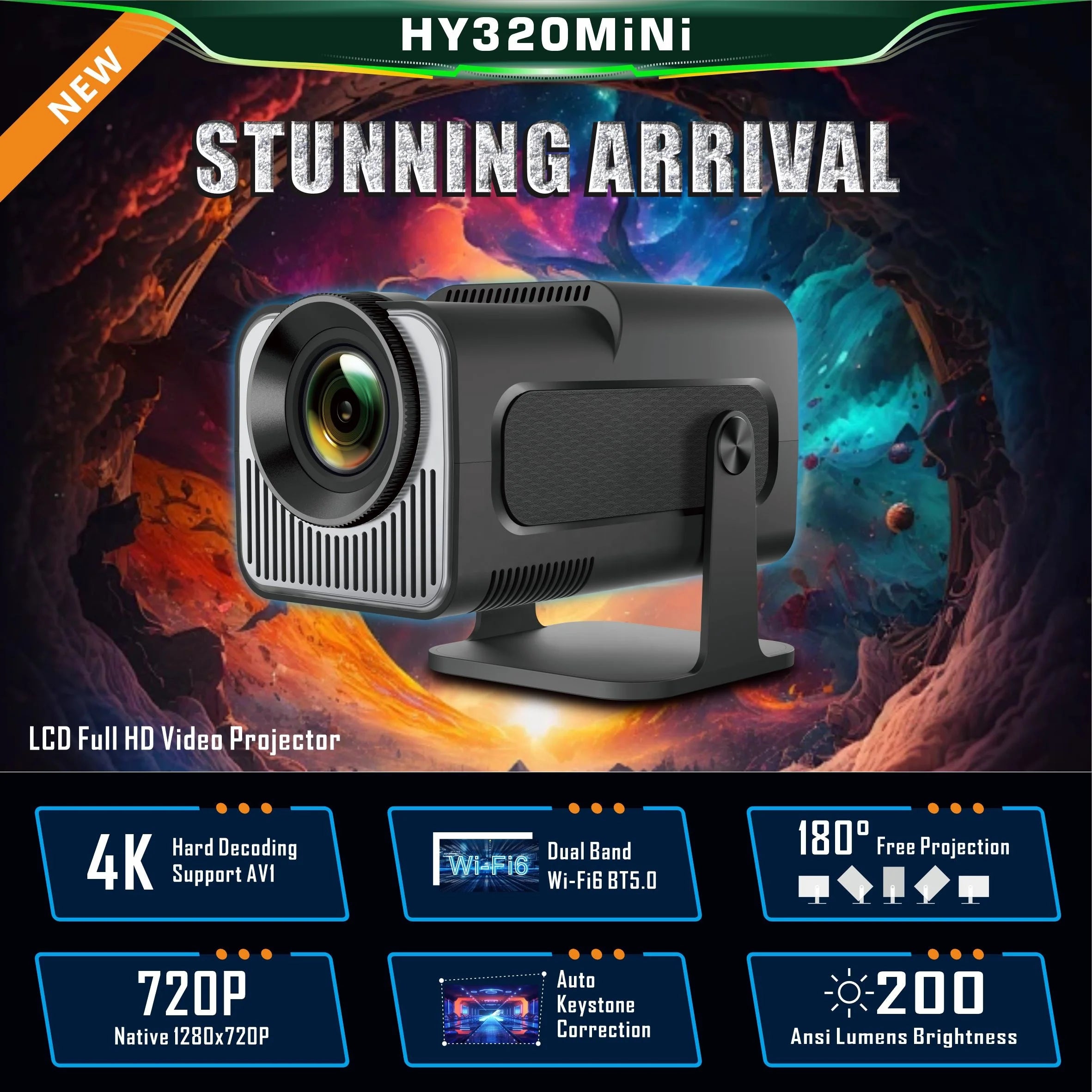 HY320 Mini Projector Android LCD 720P Projector Game Home Theater 100-300ANSI Lumen HY320Mini 4K Screen Mirror Portable Projetor Tidesmit