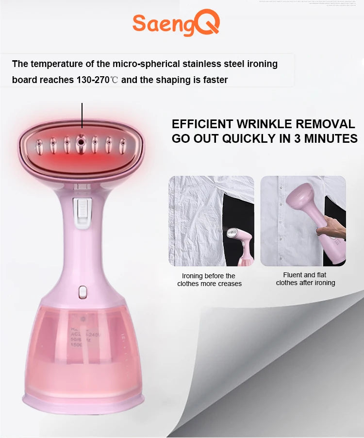 Tidesmit 1500W handheld garment steamer showing the 350ml water tank and compact nozzle design for travel ironing.