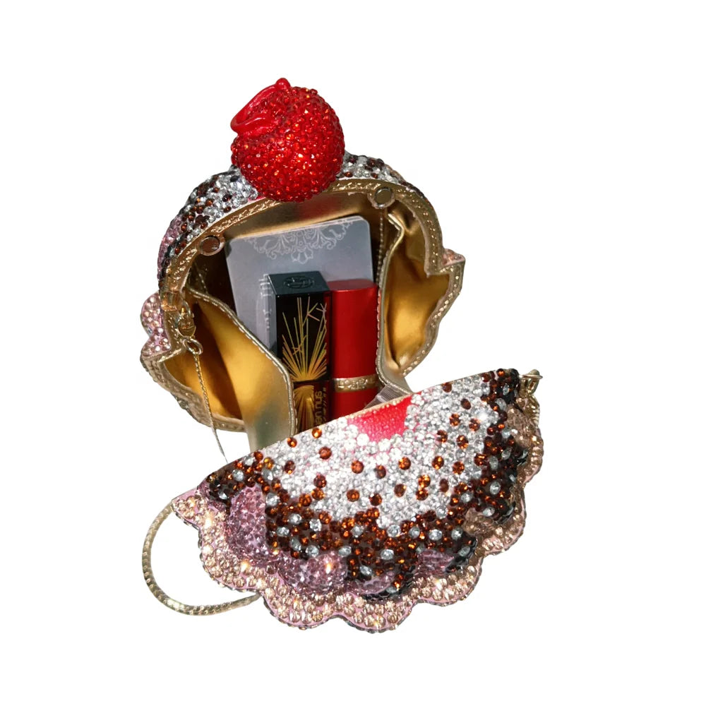 Luxury crystal ice cream sundae clutch bag with a sparkly red cherry topper and gold interior for evening events.