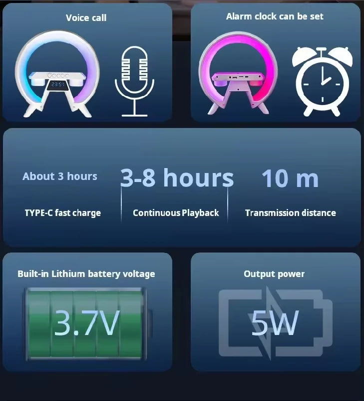 G Shape Multiple Wireless Chargers With Home Lamp Bluetooth Speaker Bedside Night Light Digital Alarm Clock Smart Mobile Phone Tidesmit