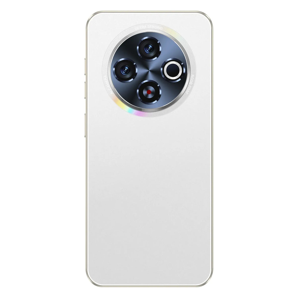 White 5G smartphone back with triple rear camera module