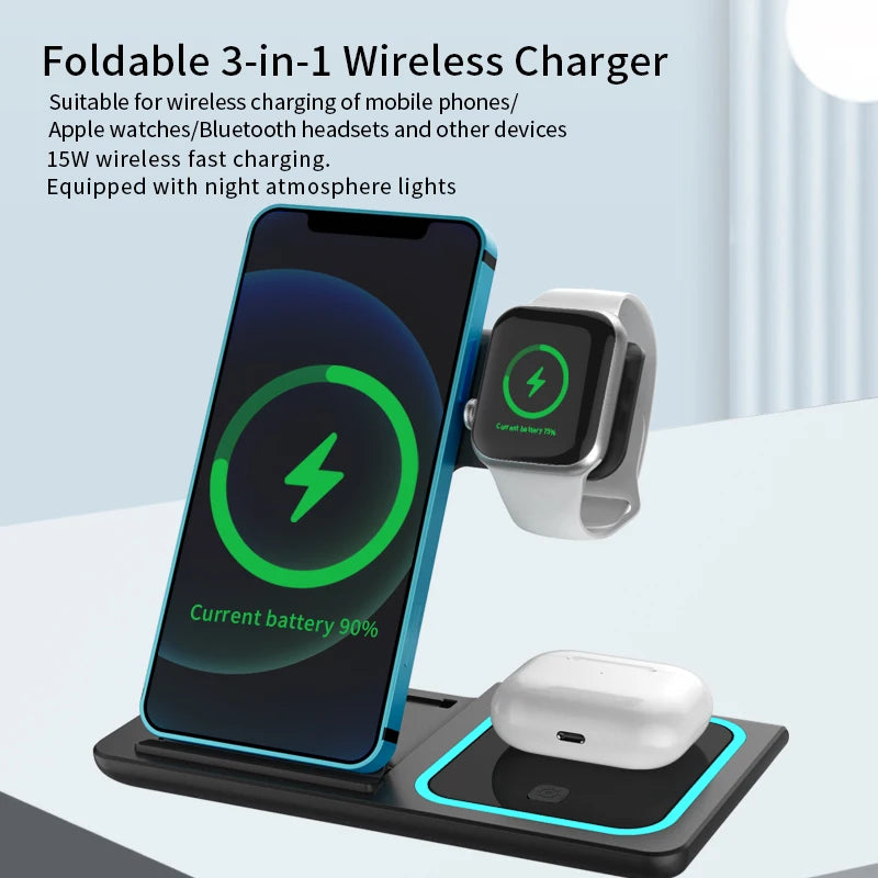 Power bank charger-Fast Wireless Charging Station Magnetic Phone Wireless Charger Stand Hot Foldable Portable 15W for Samsung 3 in 1 Charger ABS Tidesmit