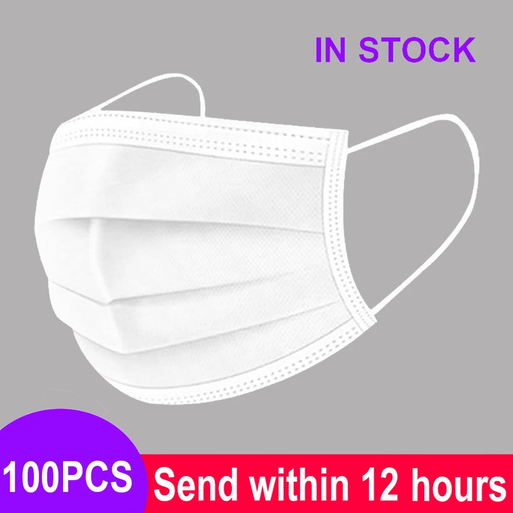 White 3-layer disposable non-woven face mask with meltblown cloth, pleated texture, and elastic ear loops.