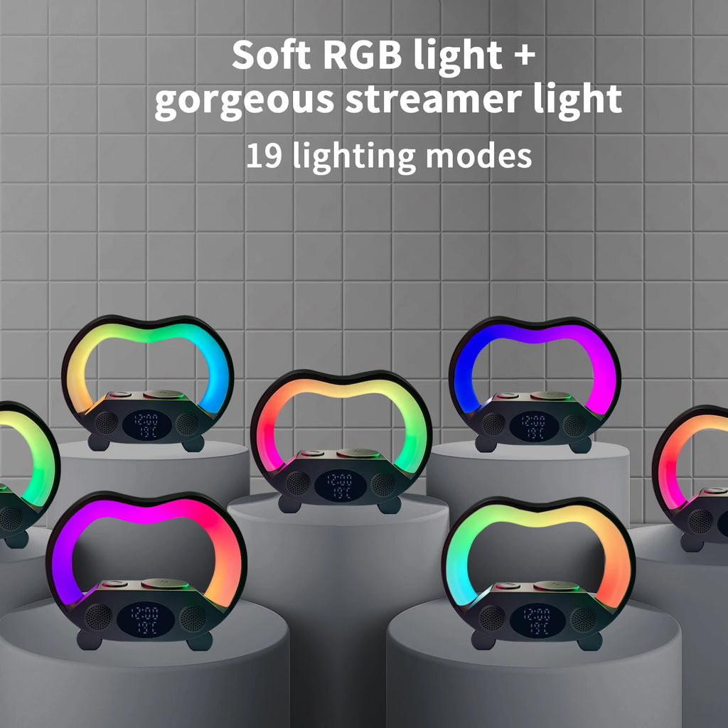 Multifunctional G Shape Wireless Charger Led Lamp Alarm Clock RGB Night Light 15W Phone Wireless Charger and Speaker Lamp Tidesmit