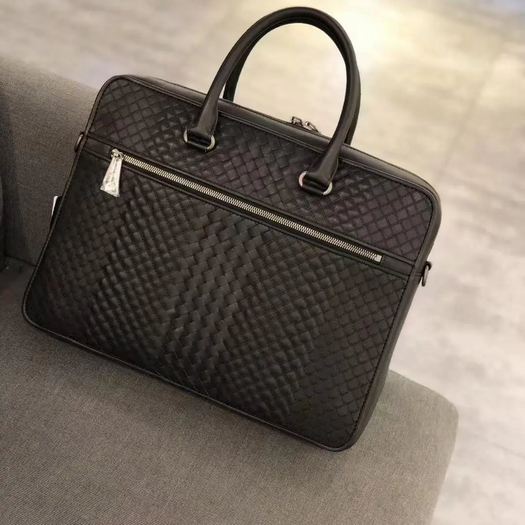 Black woven calfskin leather slim laptop briefcase with front zip pocket, luxury designer business handbag for men.