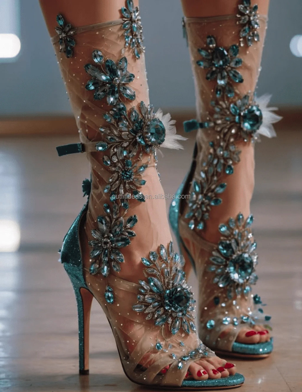 Elegant Wedding Sexy Rhinestone Bedazzled Heels Blue Flower Ankle Wrap Tie up Crystal Strappy Sandal Sparkly Stiletto Prom Shoes