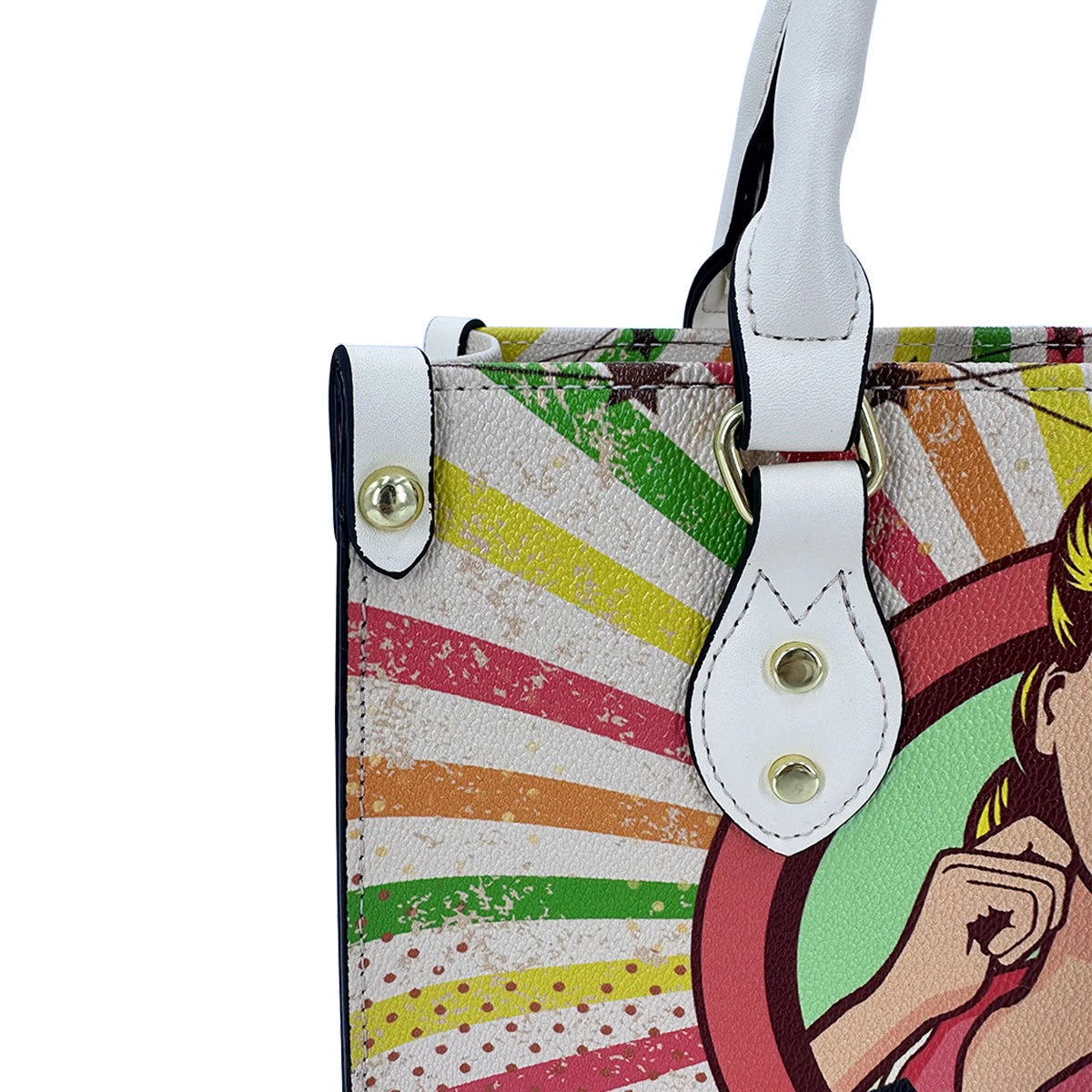 Vintage-style PU leather trunk bag for women with colorful pop-art print, white trim, and gold hardware details.