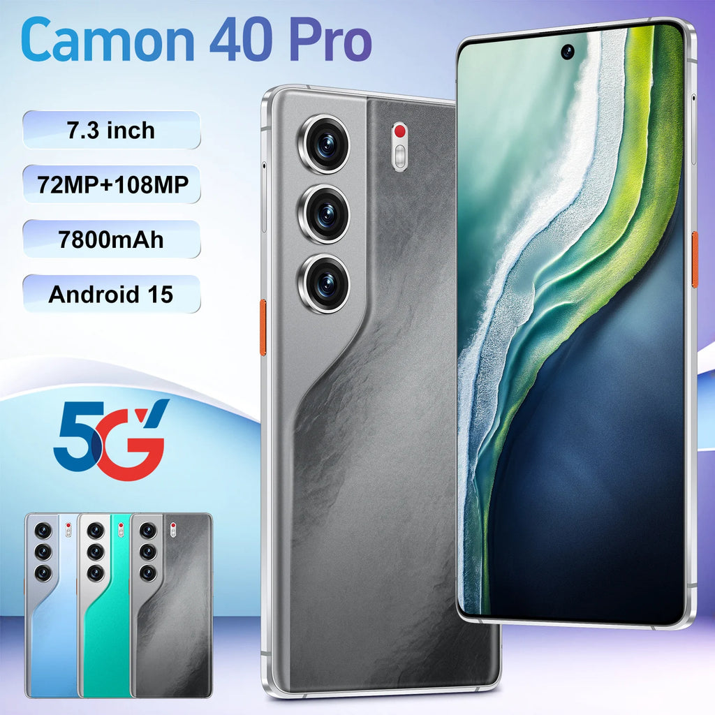 Tidesmit Camon 40 Pro 5G smartphone with 108MP camera and 7.3 inch HD display in sleek black finish.