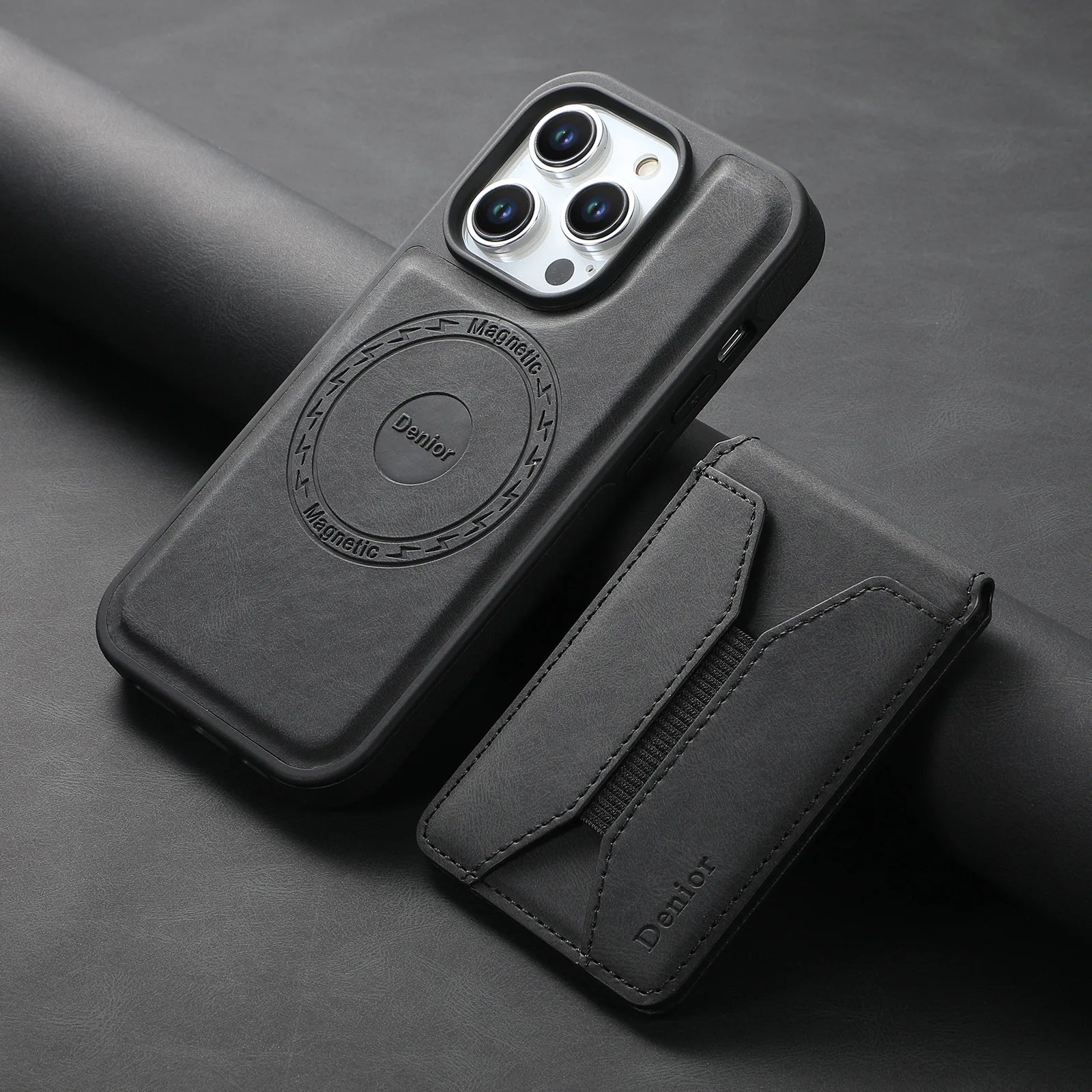 Denior | Magnetic Wallet Card Holder(5Cards) Wireless Charging Phone Case | for iPhone 16 15 14 13 12 Pro Max Plus Black Case & Screen Protector Tidesmit