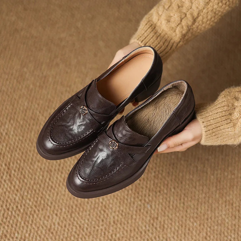 Women Top Grain Lambskin Round Toe Fleece Lined Loafers Spring 2026 Camellia Print High Heel Chunky Heel Pumps Luxury Designer