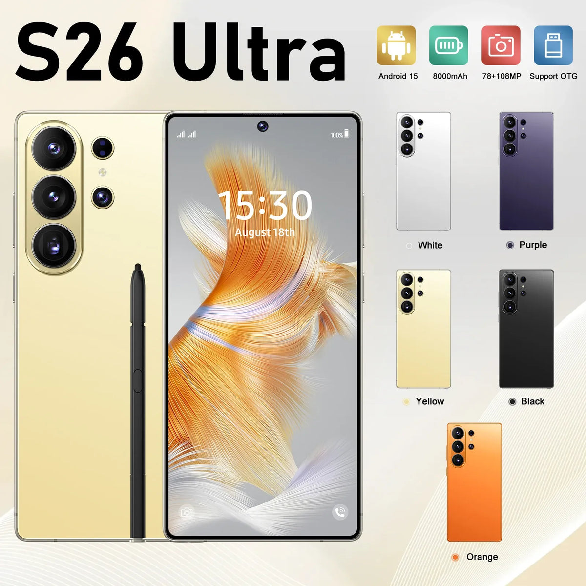Smartphone set with cream/gold back and front display, stylus included, plus color options