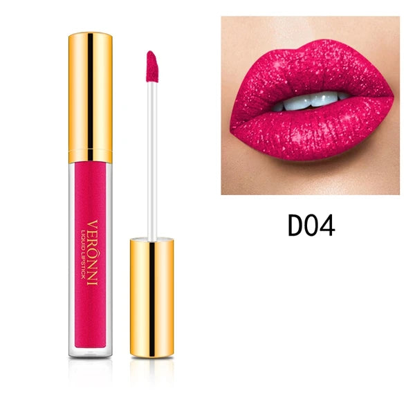 Hot pink diamond shimmer liquid lipstick with waterproof matte glitter finish, shown on lips with gold-cap applicator.