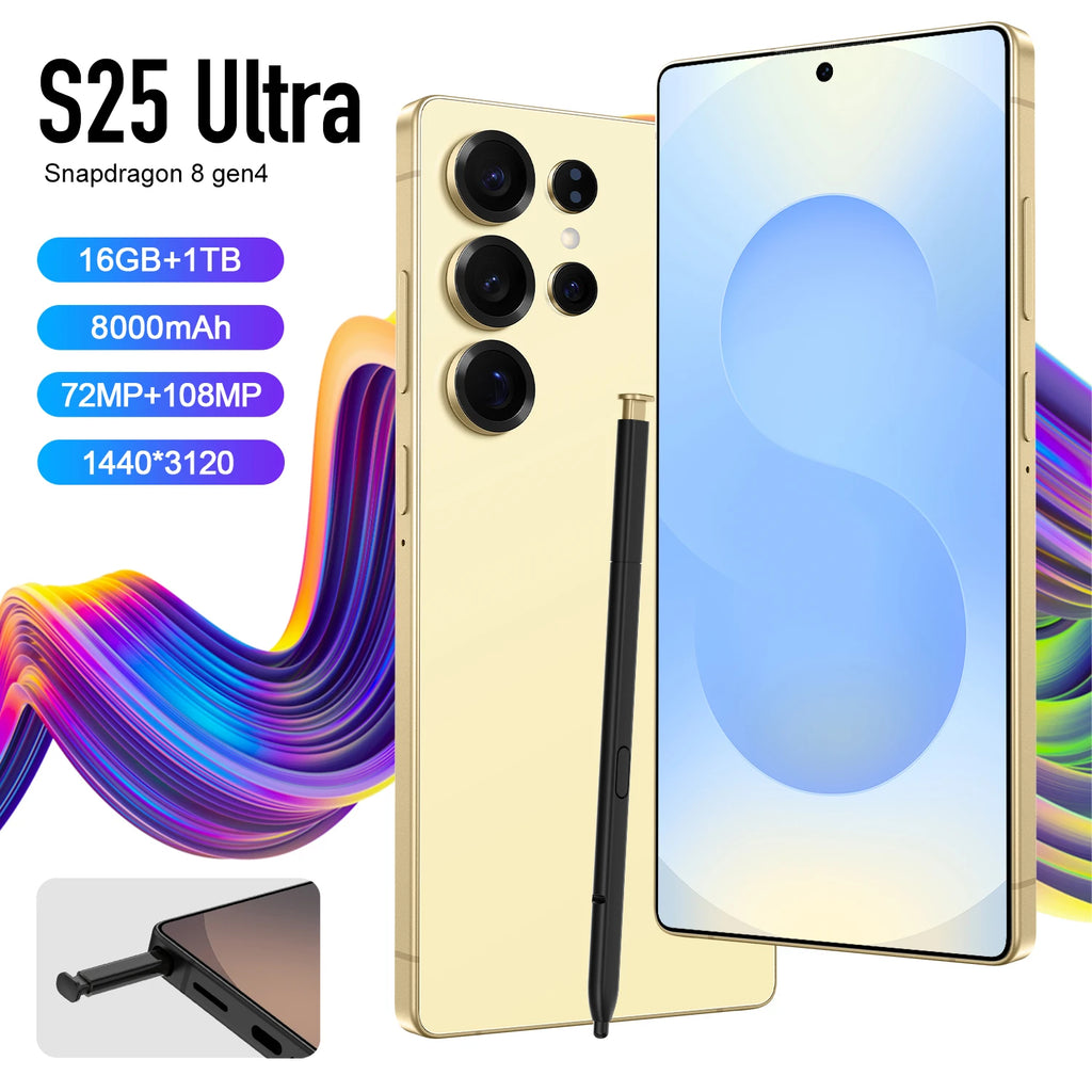 Tidesmit S25 Ultra 7-inch Android smartphone with built-in pen 108MP camera and 7800mAh battery.