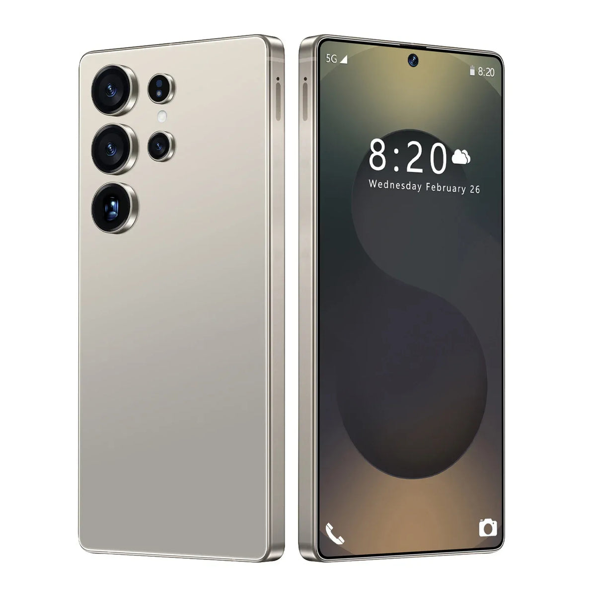 Dual smartphones: gold back phone and front display phone side by side.