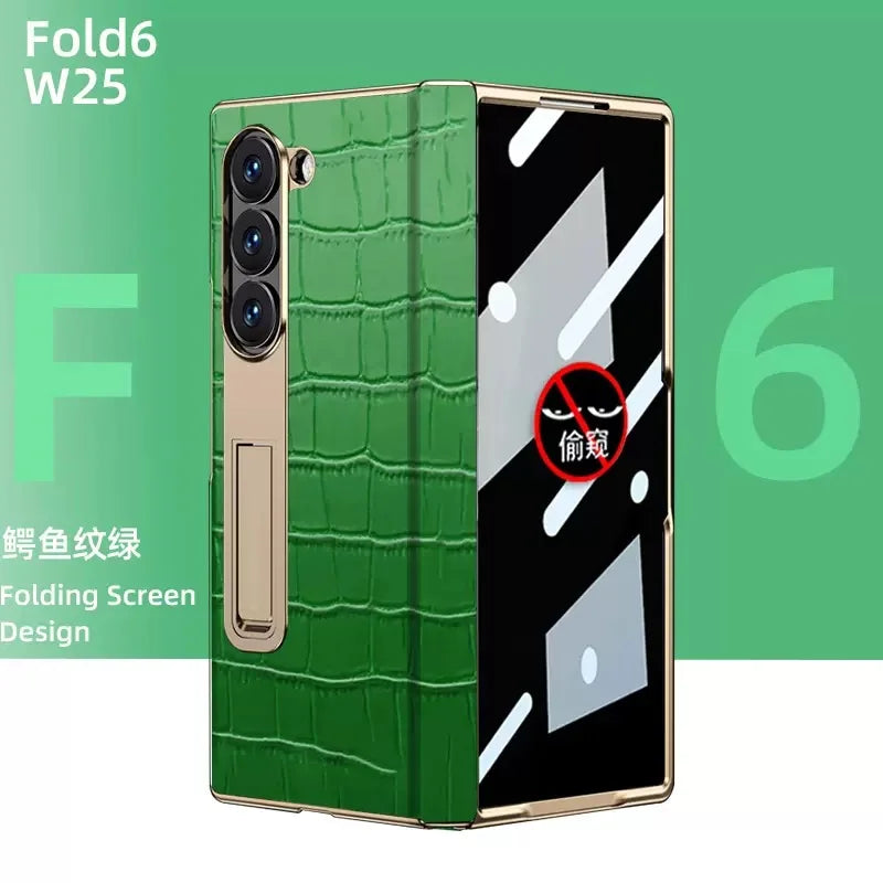 Gradient Colorful Crocodile Genuine Leather Electroplated Hinge Tempered Screen Protector for Samsung Galaxy ZFold 6 Z Fold 5 5green Litchi pattern OPP Bag Tidesmit