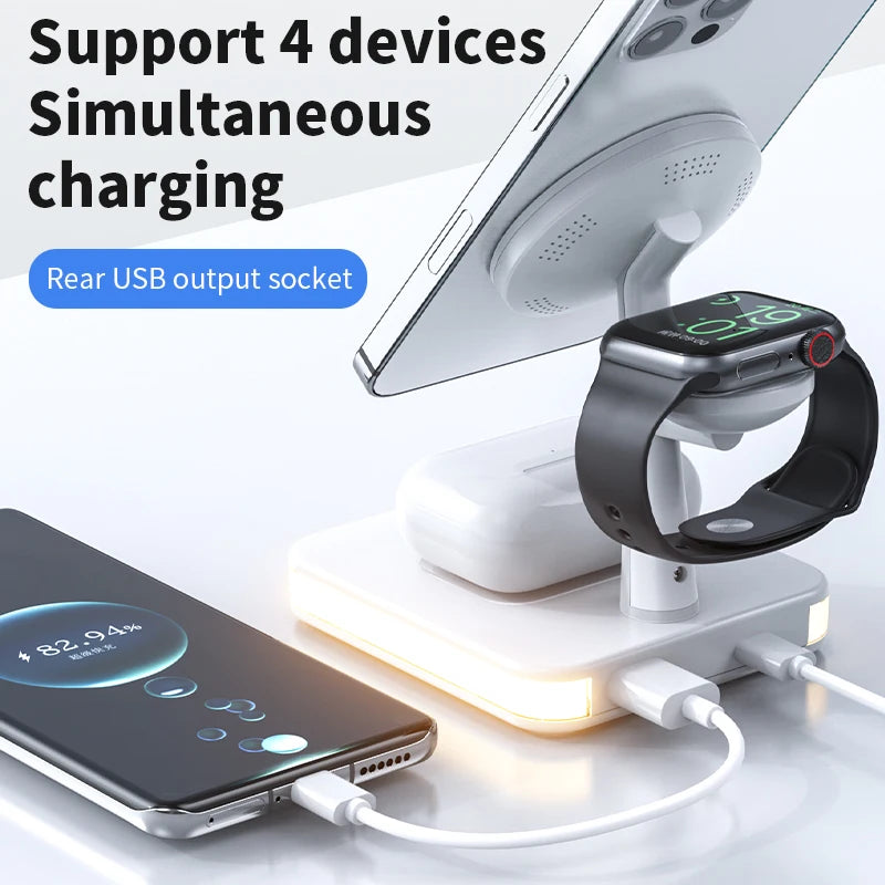 Power bank charger-2024 Fast 15w Wireless Charging Stand With Led Night Light 4 In1 Wireless Charger Power Bank Station Custom Logo Dropshipping Tidesmit