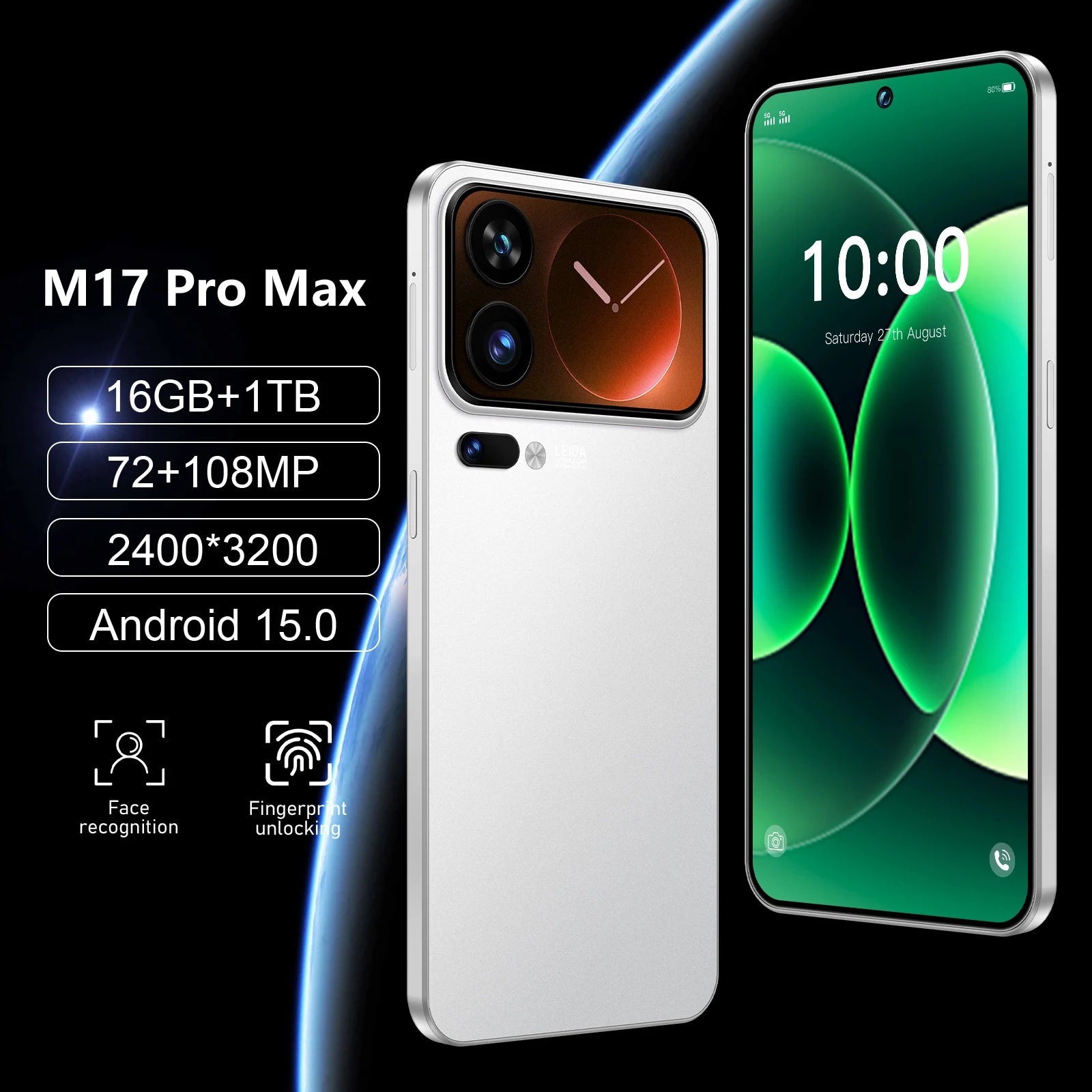 M17 Pro Max 5G smartphone with 7.3 inch OLED display 16GB RAM 1TB storage and high resolution 108MP camera system