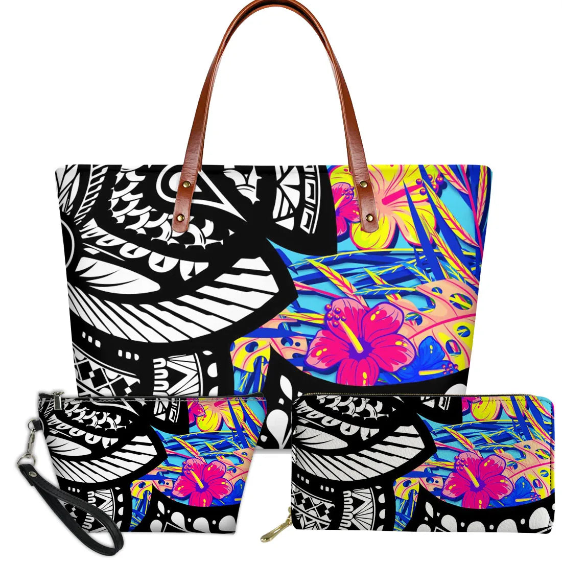 3-piece handbag set with black tribal Polynesian turtle patterns and vibrant neon floral tropical prints on leather.