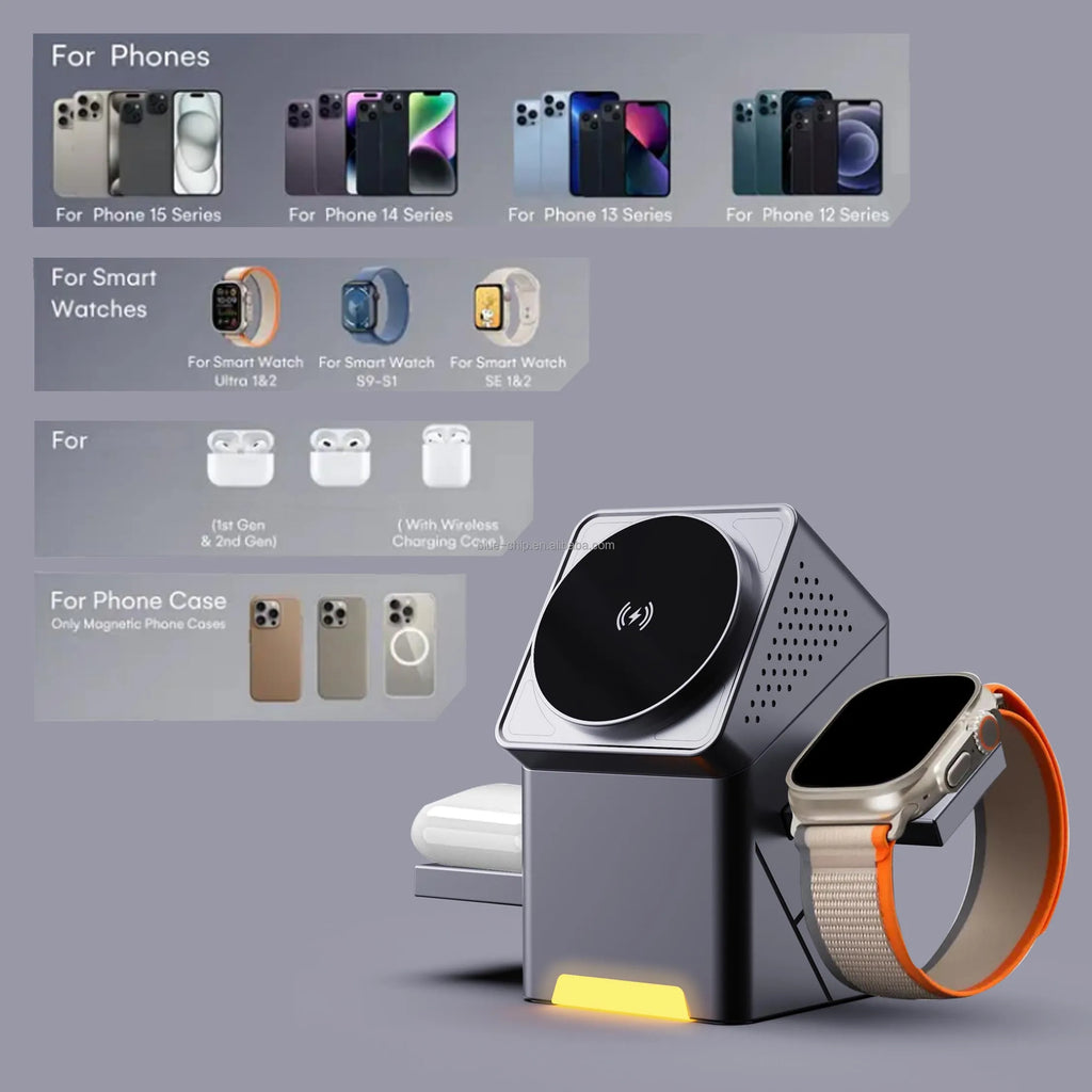 Yanchentian Universal Premium Quality Fast Charge Smartphone Multifunction Holder Cube Magnet Foldable 3 in 1 Wireless Charger Tidesmit