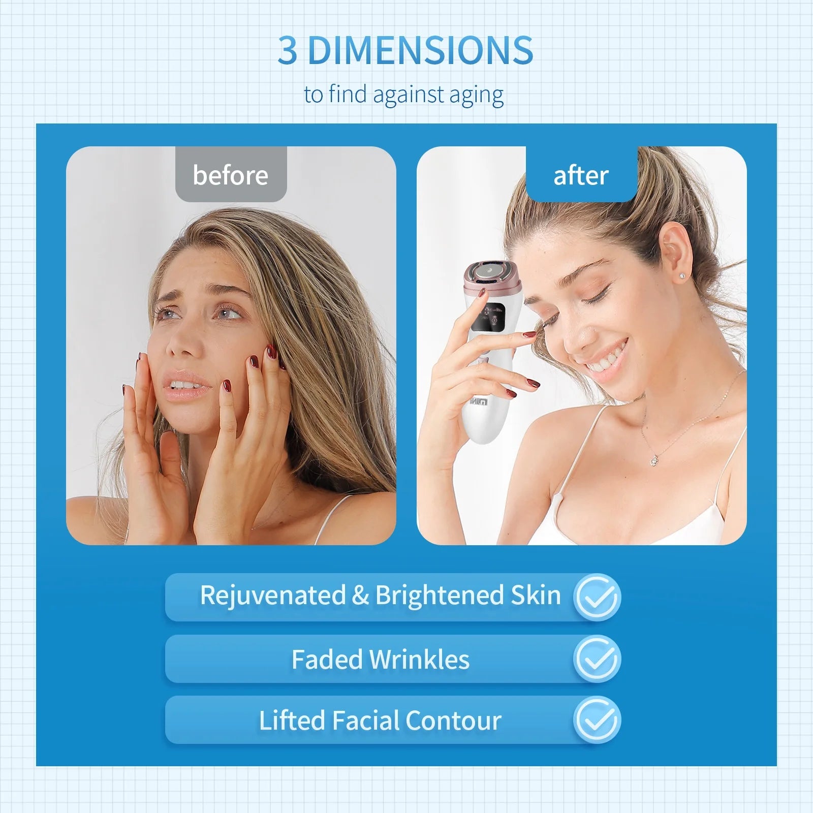 Before and after comparison of a white and rose gold handheld HIFU facial tightening device used on a woman's face.