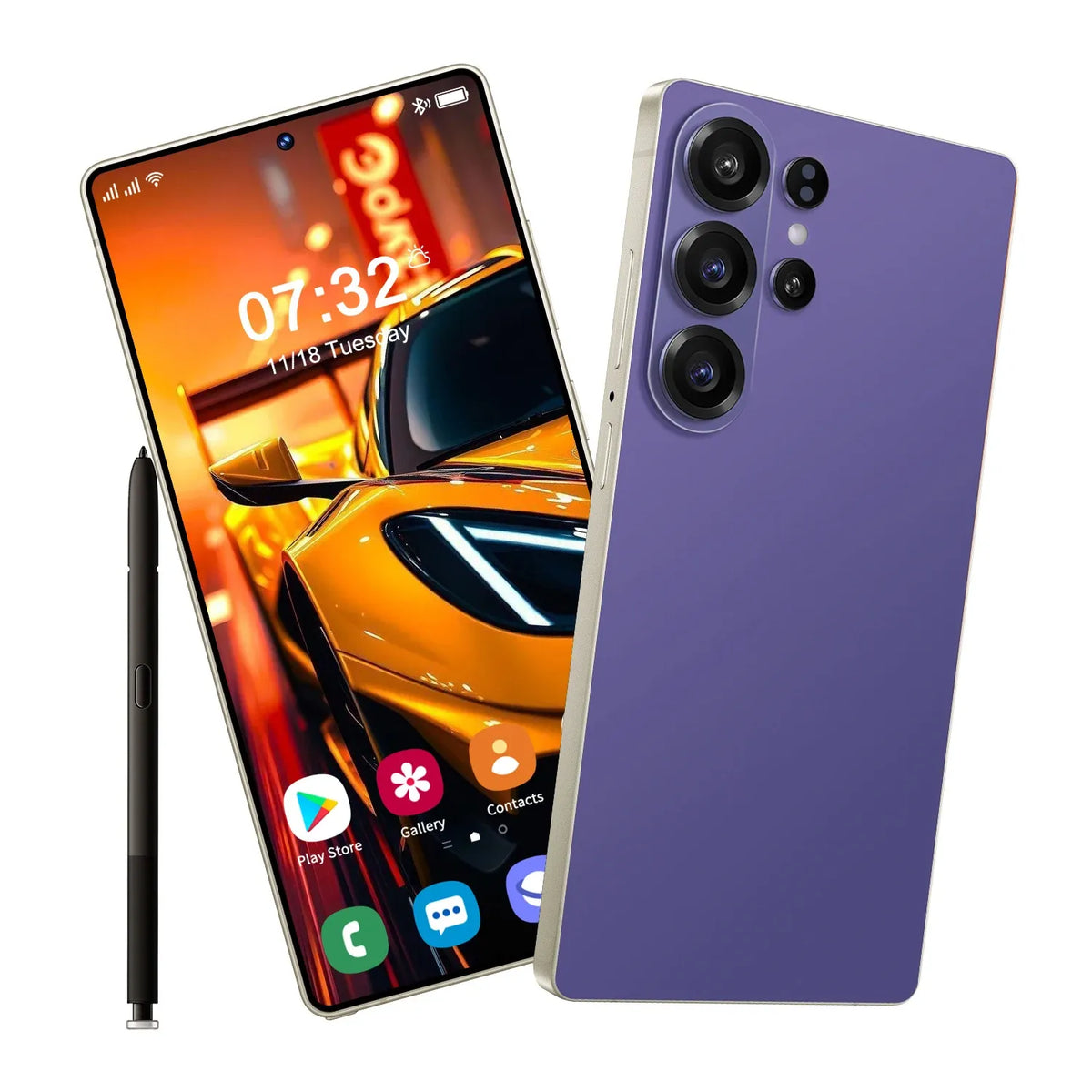 Purple S26 Ultra 5G smartphone with four rear cameras and front display, plus stylus pen