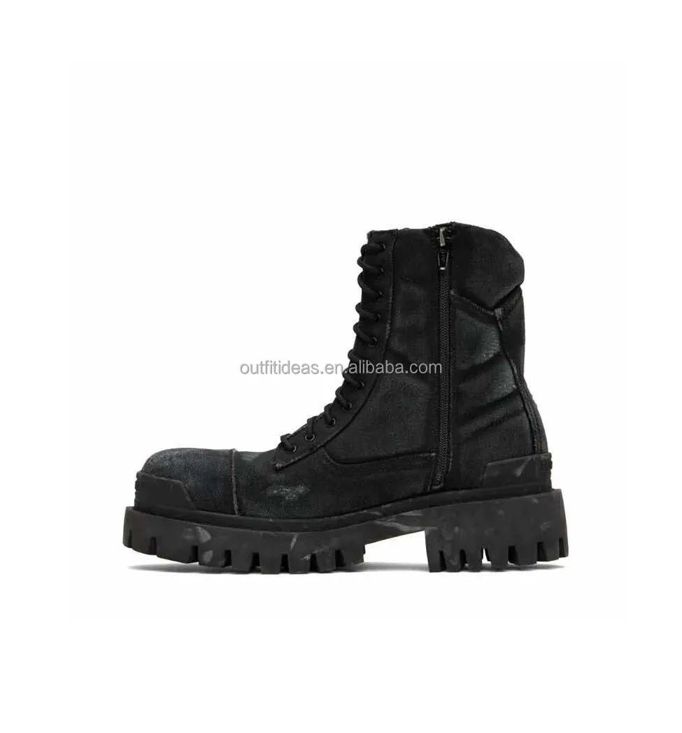 Extra Round Toe Distressed Men Leather Trendy Dress Shoes Unisex Women Strike 8 Eyelets Lace-up 20mm Black Calfskin Strike Boots