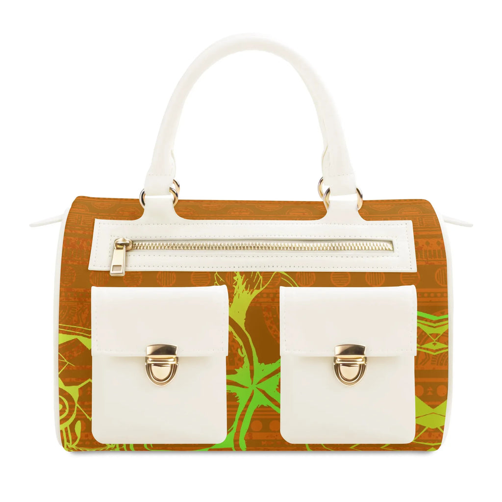 Luxury PU leather designer tote bag in orange and lime with white pockets, zipper, and dual handles.