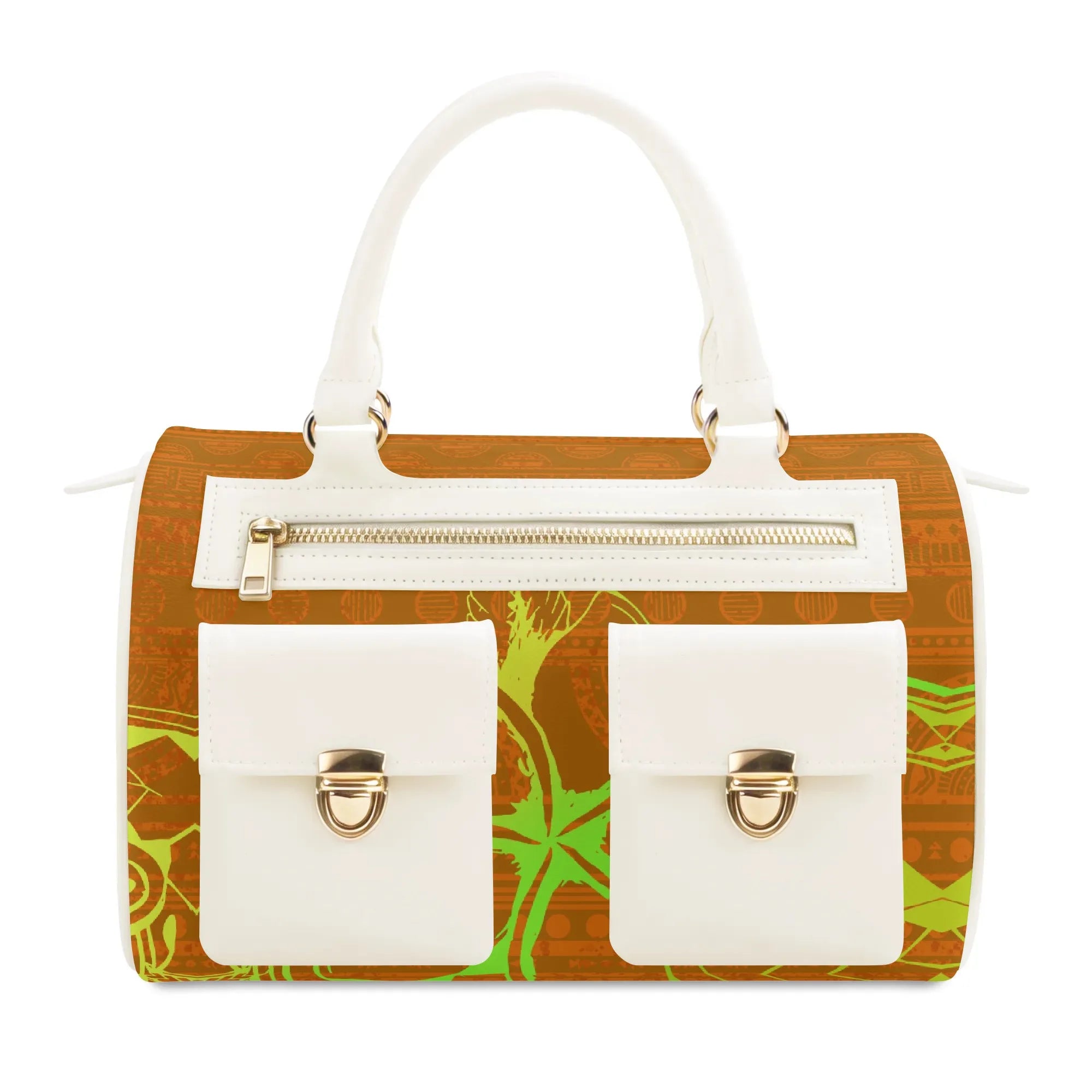 Luxury PU leather designer tote bag in orange and lime with white pockets, zipper, and dual handles.