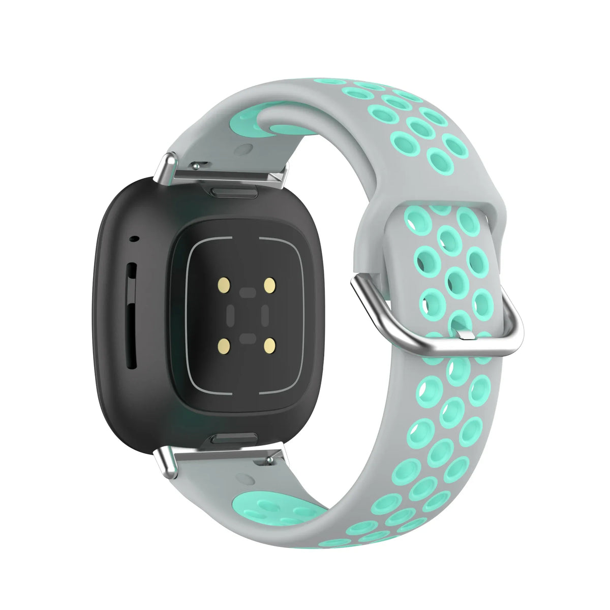 Light gray silicone sport watch band with turquoise circular pattern and metal buckle