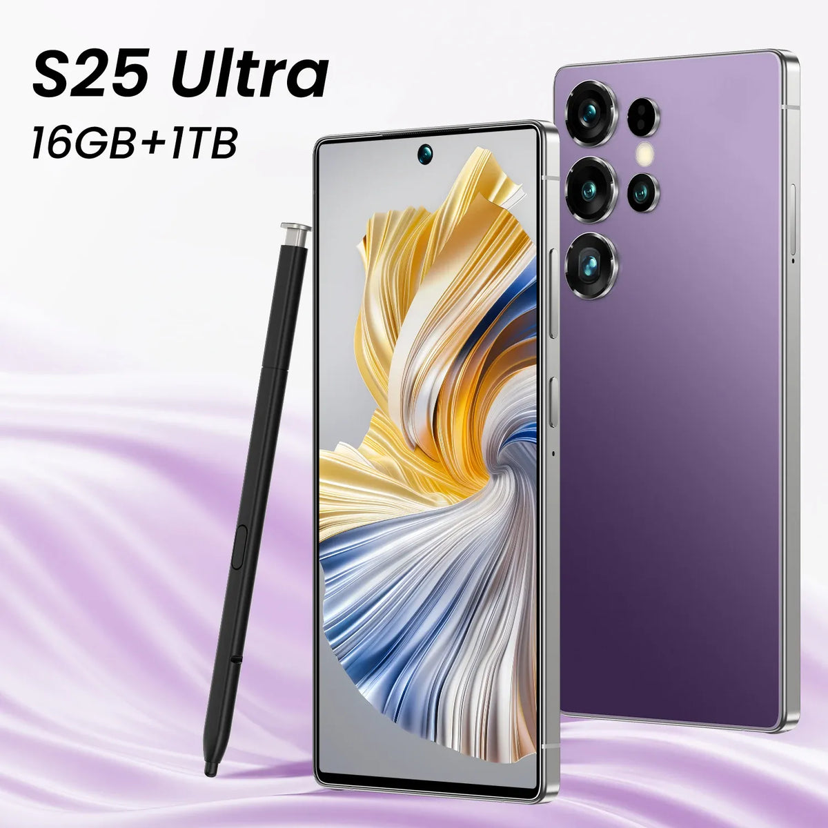 Purple smartphone with quad rear cameras and stylus, front screen with abstract design
