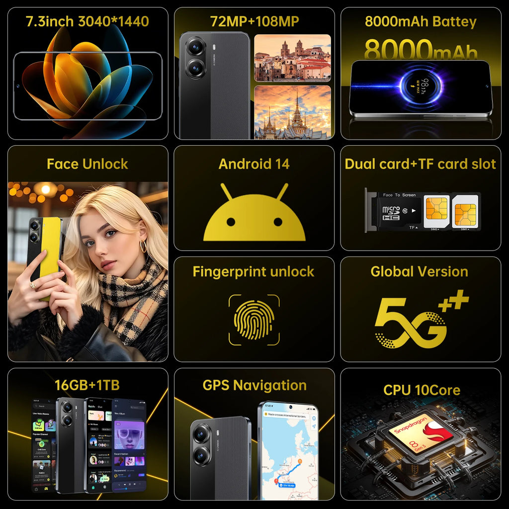 Real High Quality Mobile Phone X7 Pro 5G Smartphone Global 5G Android 14 7.3 Inch Big Screen 16+1TB X7 Pro Smart Phone Cellphone Tidesmit