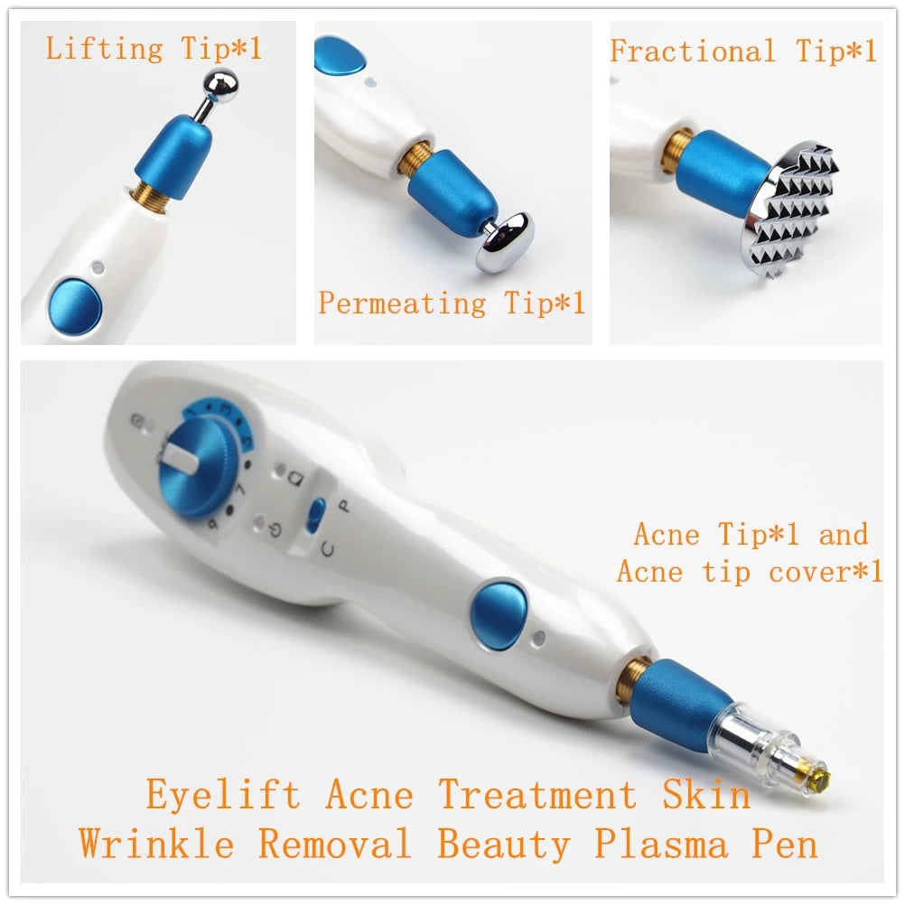 White and blue plasma skin pen with interchangeable lifting, permeating, fractional, and acne tips for facial treatment.