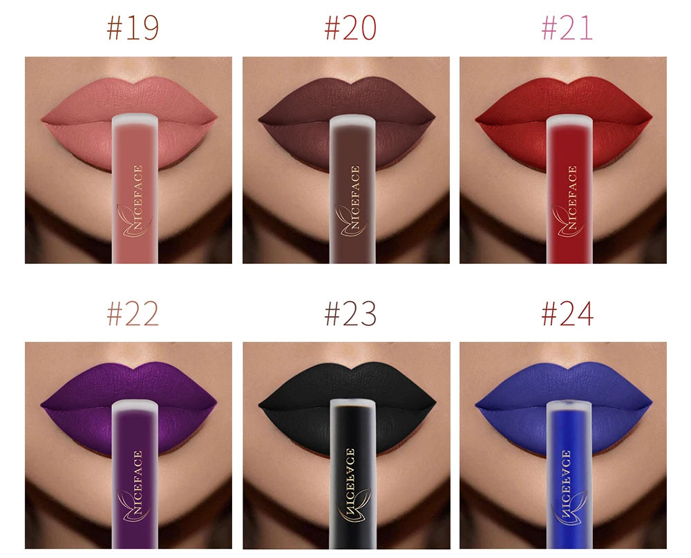 NICEFACE waterproof velvet matte liquid lipstick set featuring 6 pigmented shades on lips from nude to bold colors.