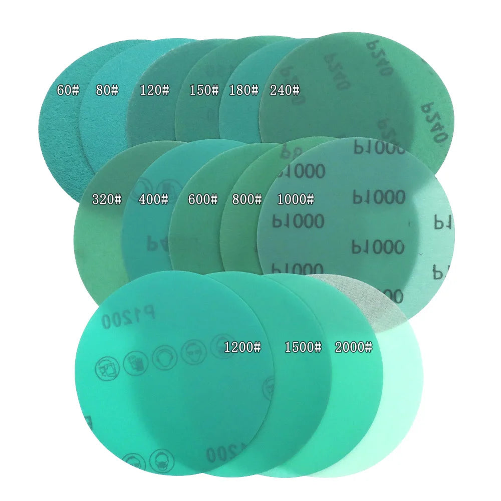 6-inch green PET film sanding discs, 60-2000 grit, hook and loop, for wet/dry car polishing and smooth finishing.