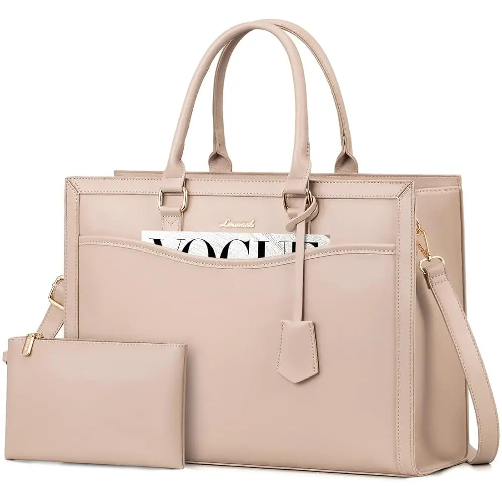 LOVEVOOK beige designer laptop tote for women. Structured 17-inch office handbag in faux leather with matching pouch.