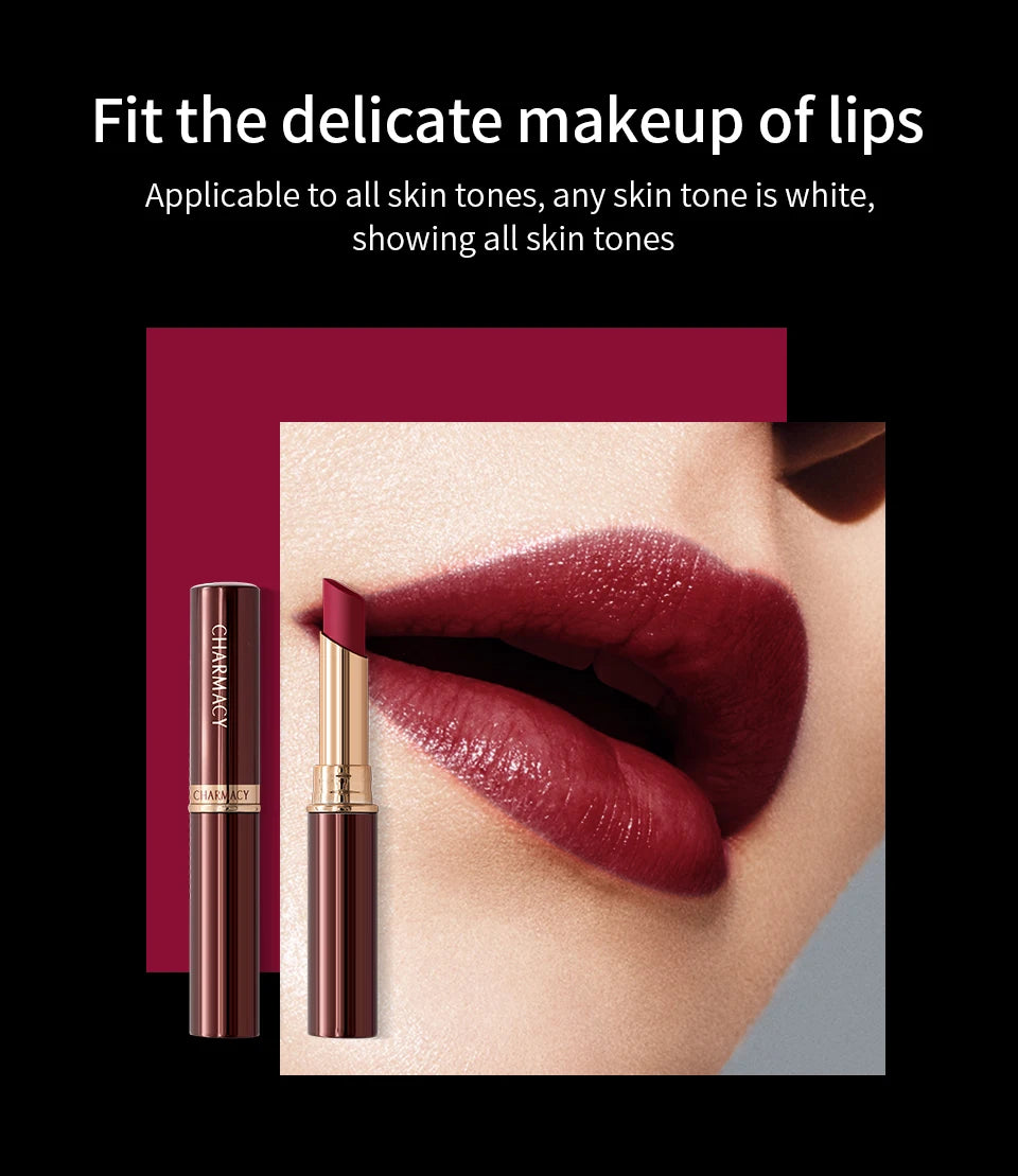 Charmacy long-lasting matte lipstick in deep red, featuring a smooth velvet texture and elegant gold packaging.