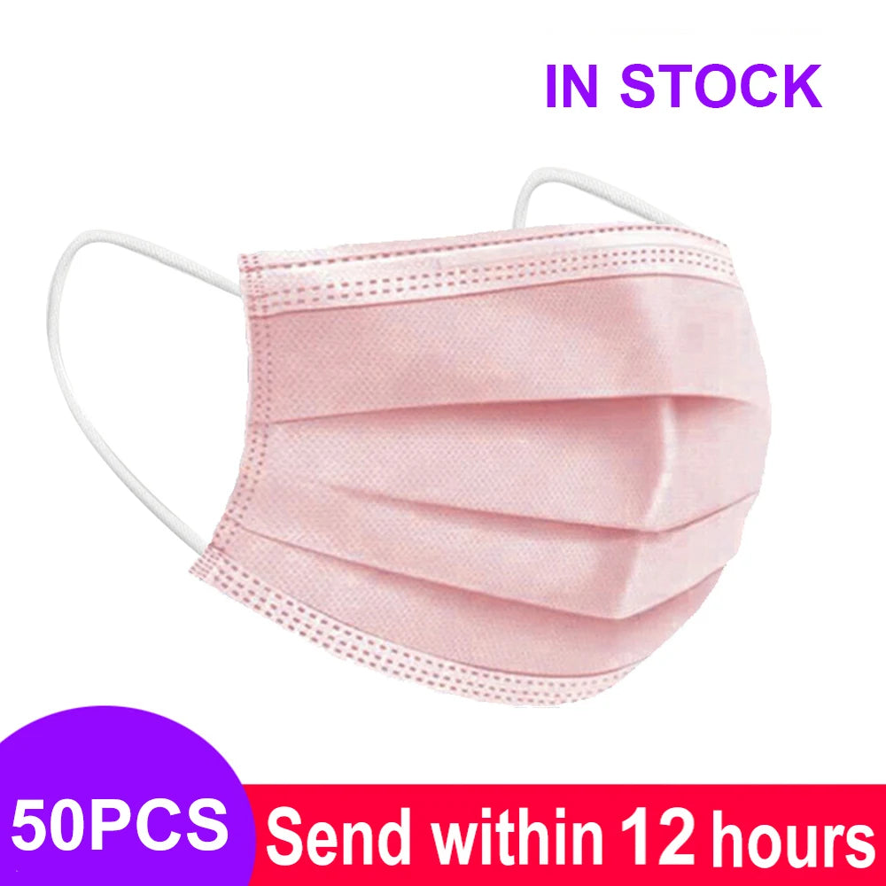 Pink 3-layer disposable non-woven face mask with meltblown fabric and white elastic ear loops for anti-dust protection.