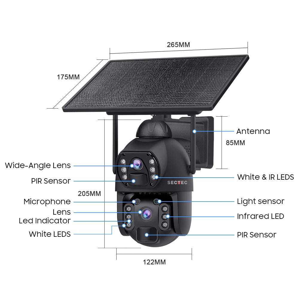 SECTEC AOV 24/7 Record Floodlight Solar Battery PTZ Metal 10W Solar Panel Outdoor Waterproof Security 4G PIR CCTV WIFI IP Camera Tidesmit