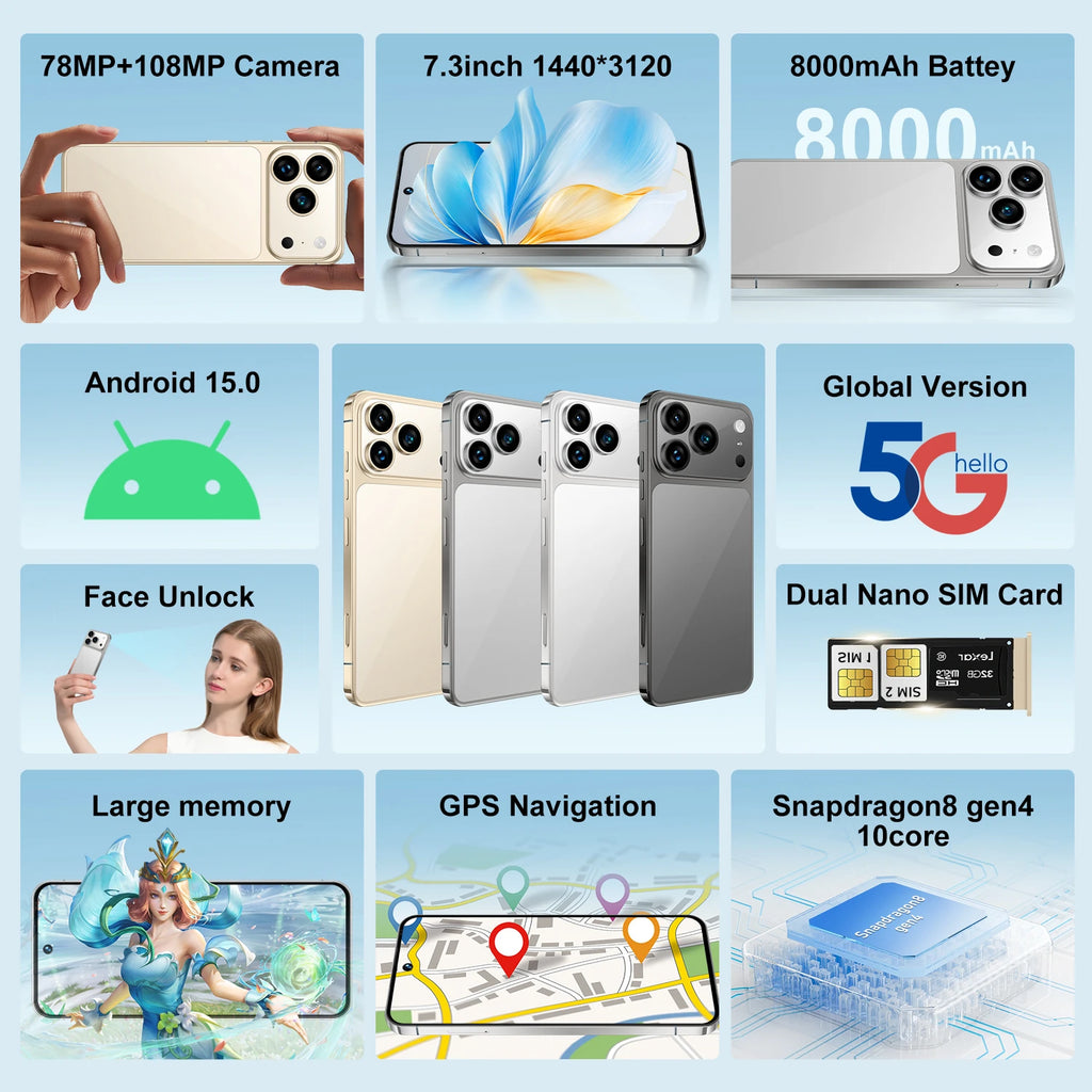 5G Smartphone 7.3 Inch AMOLED 16GB RAM 1TB Storage Unlocked Mobile Tidesmit