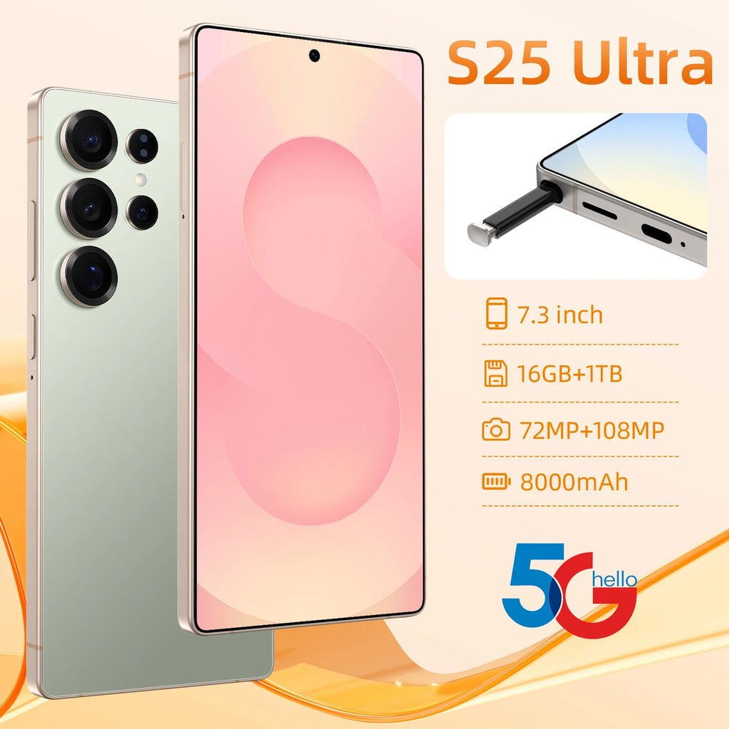 S25 Ultra 5G smartphone with 7.3-inch 144Hz display and 108MP camera, 16GB RAM 1TB storage, Android 15, Dual SIM.